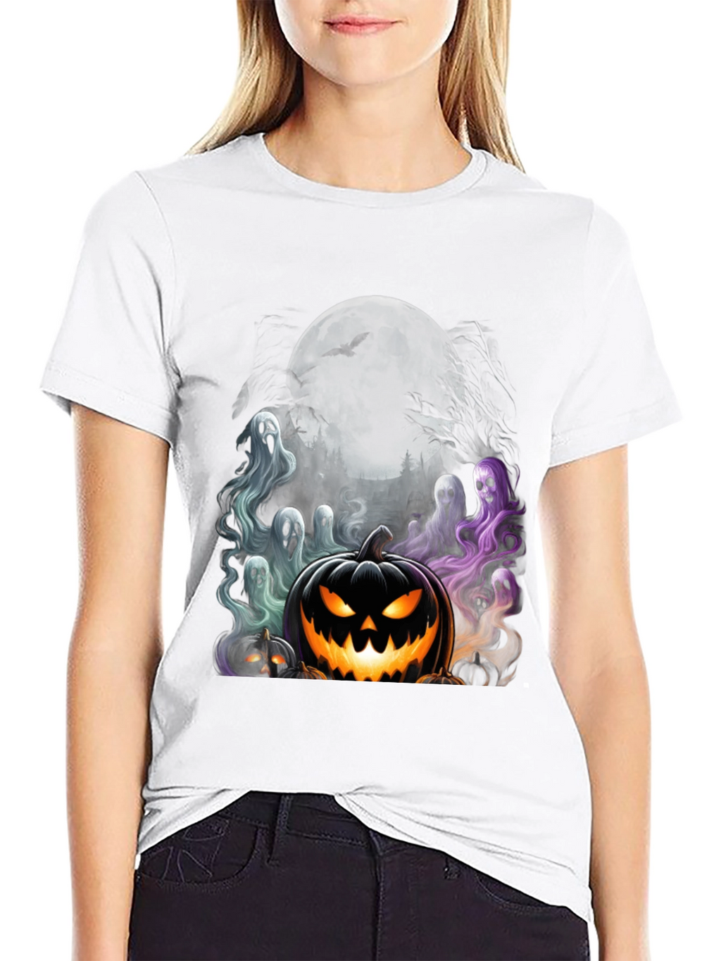 Spooky Halloween Graphic Tee - Pumpkin and Ghosts