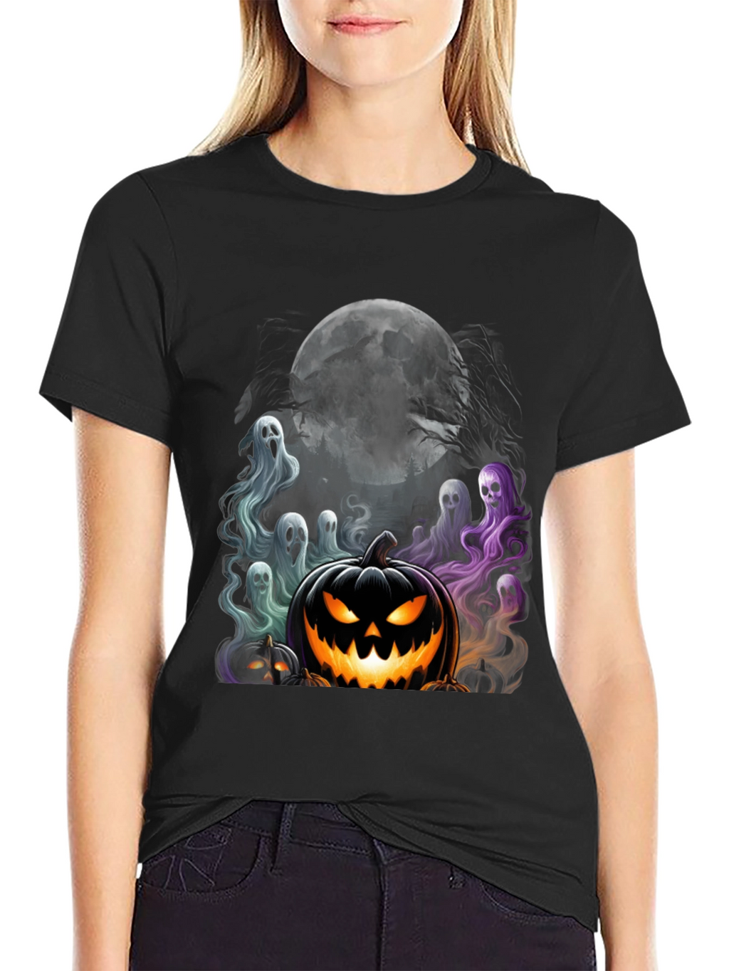 Spooky Halloween Graphic Tee - Pumpkin and Ghosts