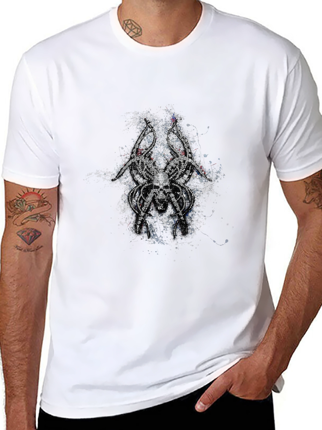 Mens Black T-Shirt with Skull Spider Graphic