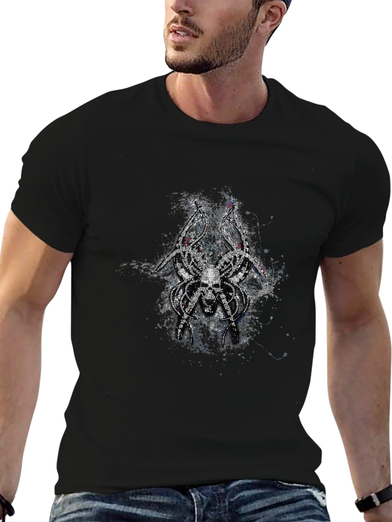 Mens Black T-Shirt with Skull Spider Graphic