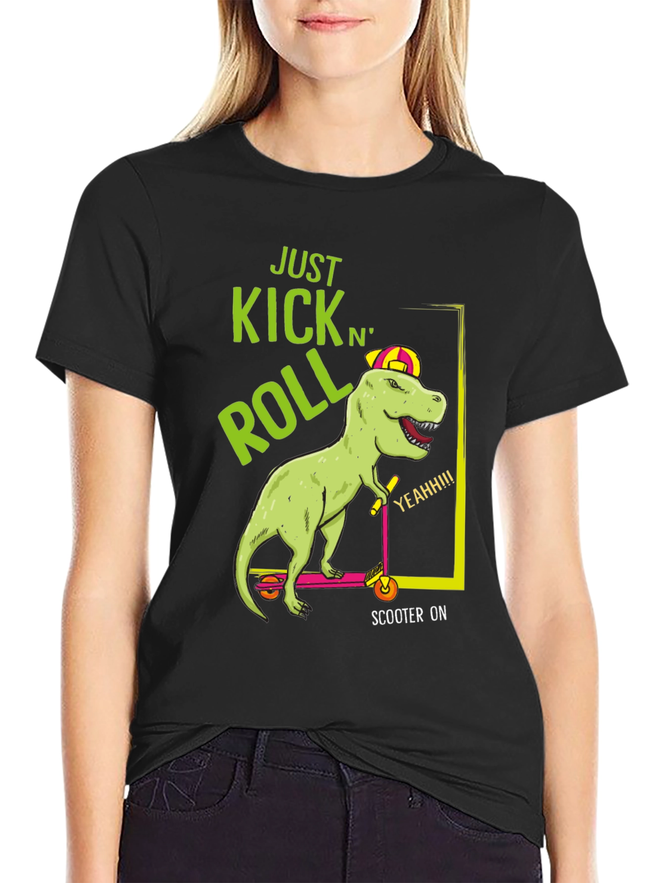 Dino Scooter Ride Black T-Shirt - Kick N Roll Style