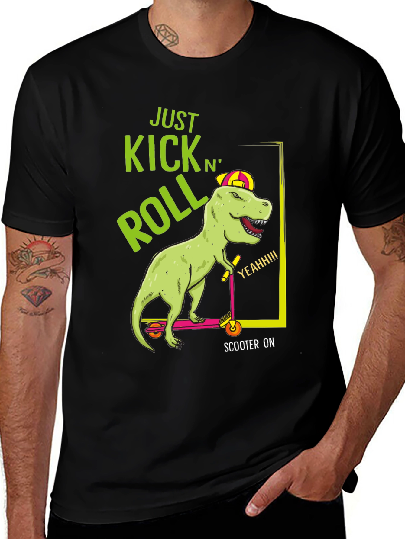 Dino Scooter Ride Black T-Shirt - Kick N Roll Style