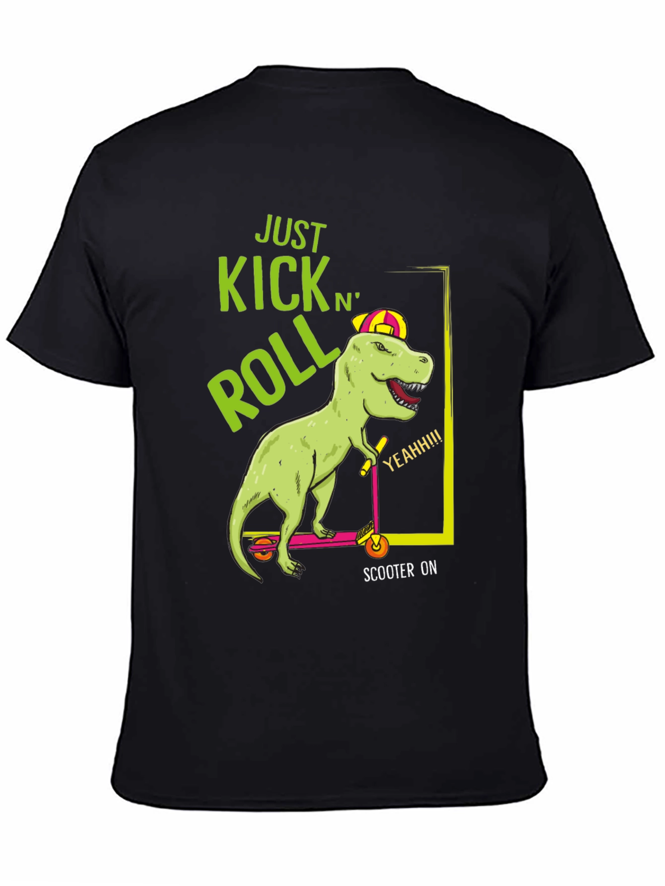 Dino Scooter Ride Black T-Shirt - Kick N Roll Style