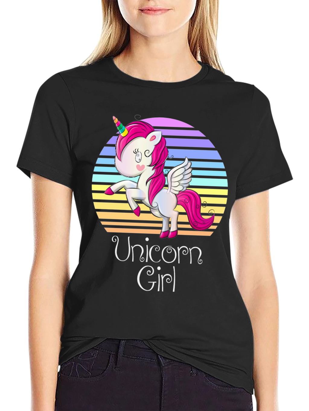 Unicorn Girl Graphic Print Black T-Shirt