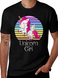 Unicorn Girl Graphic Print Black T-Shirt