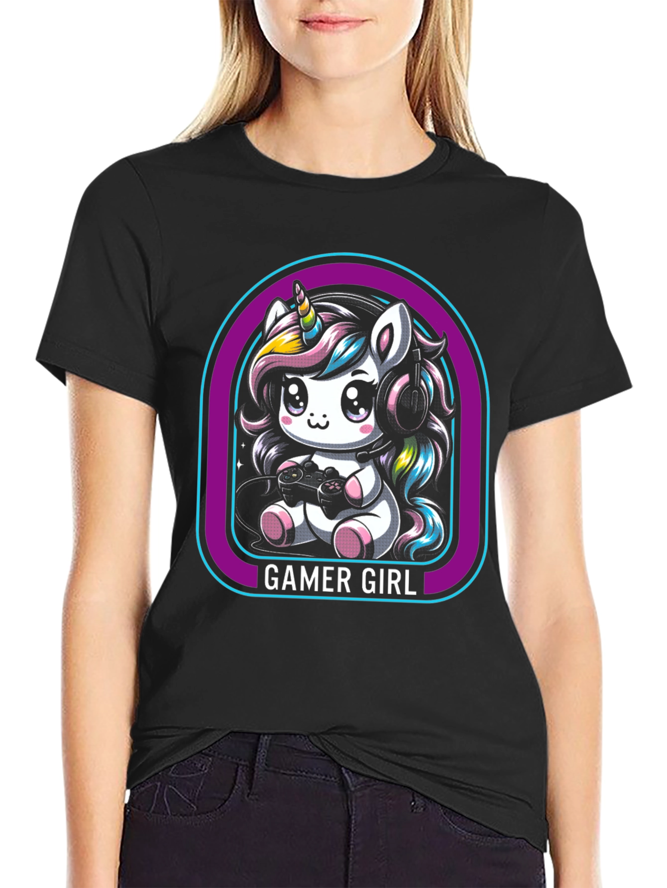 Gamer Girl Unicorn Black T-Shirt