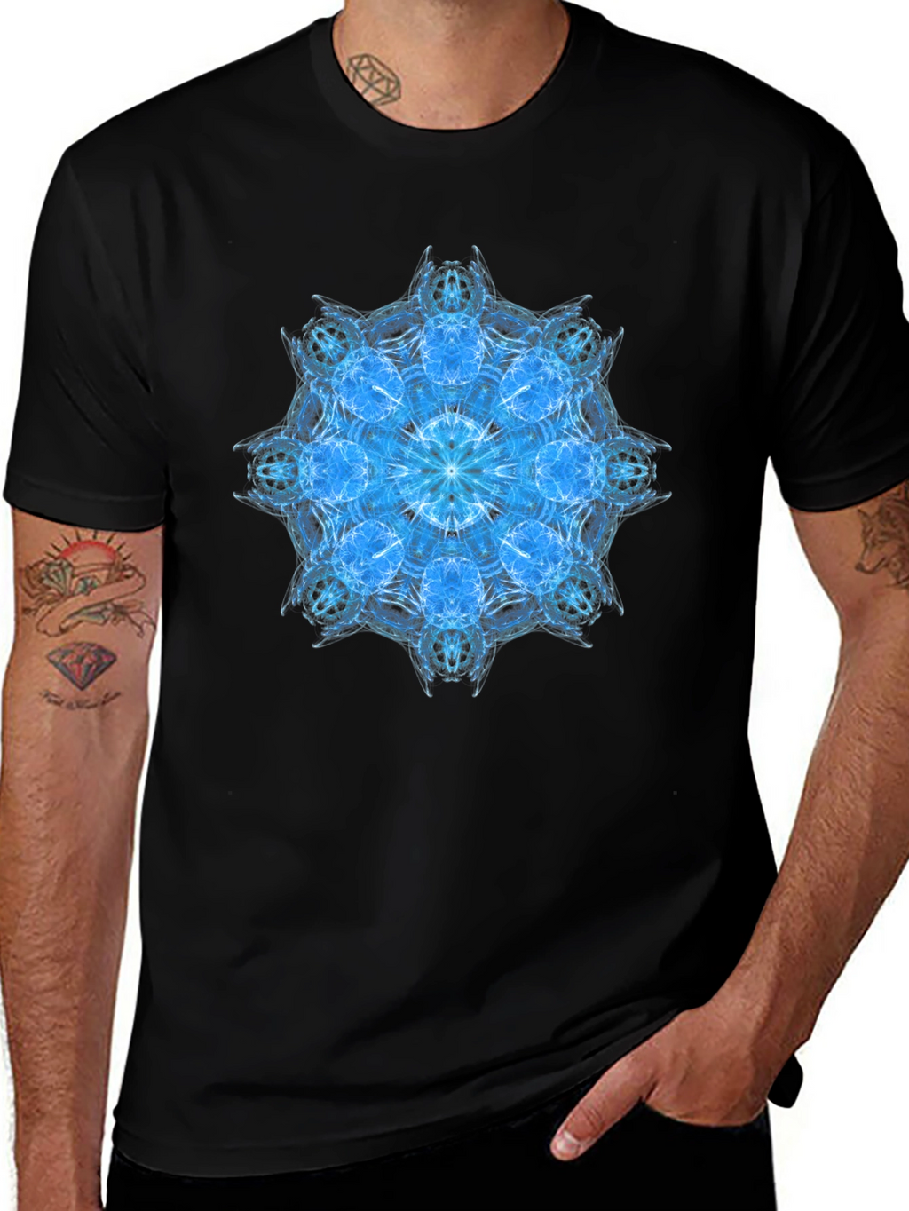 Blue Mandala Graphic Black T-Shirt