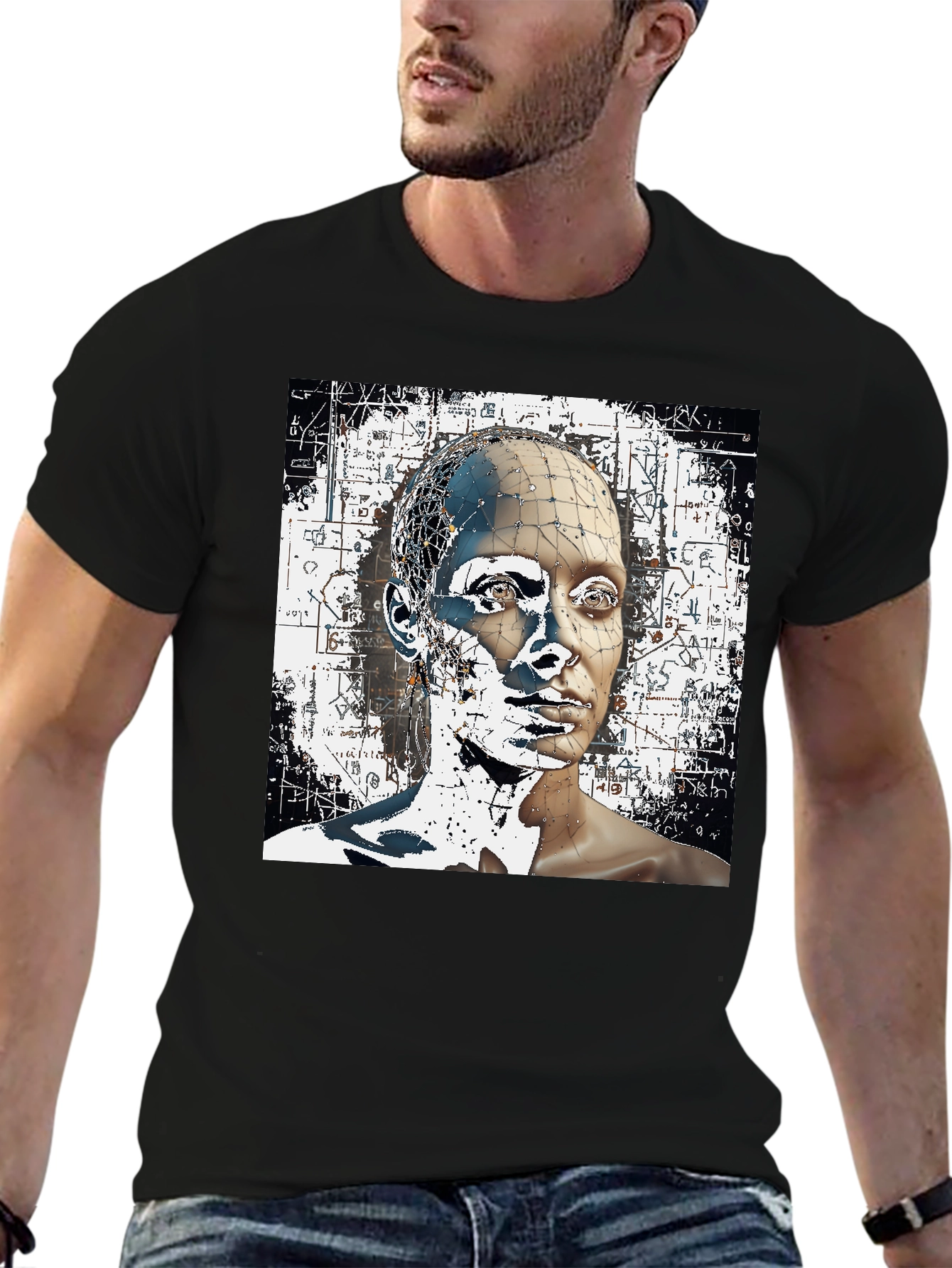 Abstract Face Graphic Black T-Shirt