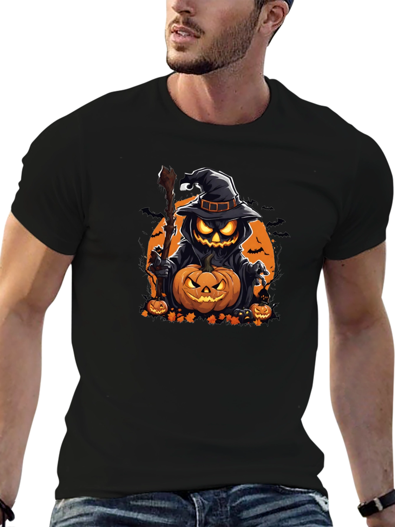 Halloween Pumpkin Wizard Black T-Shirt
