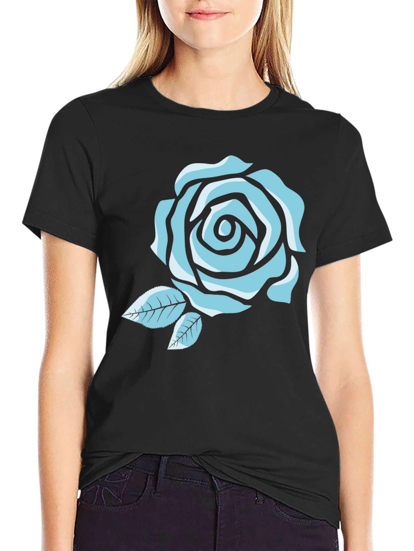 Black T-Shirt with Blue Rose Graphic