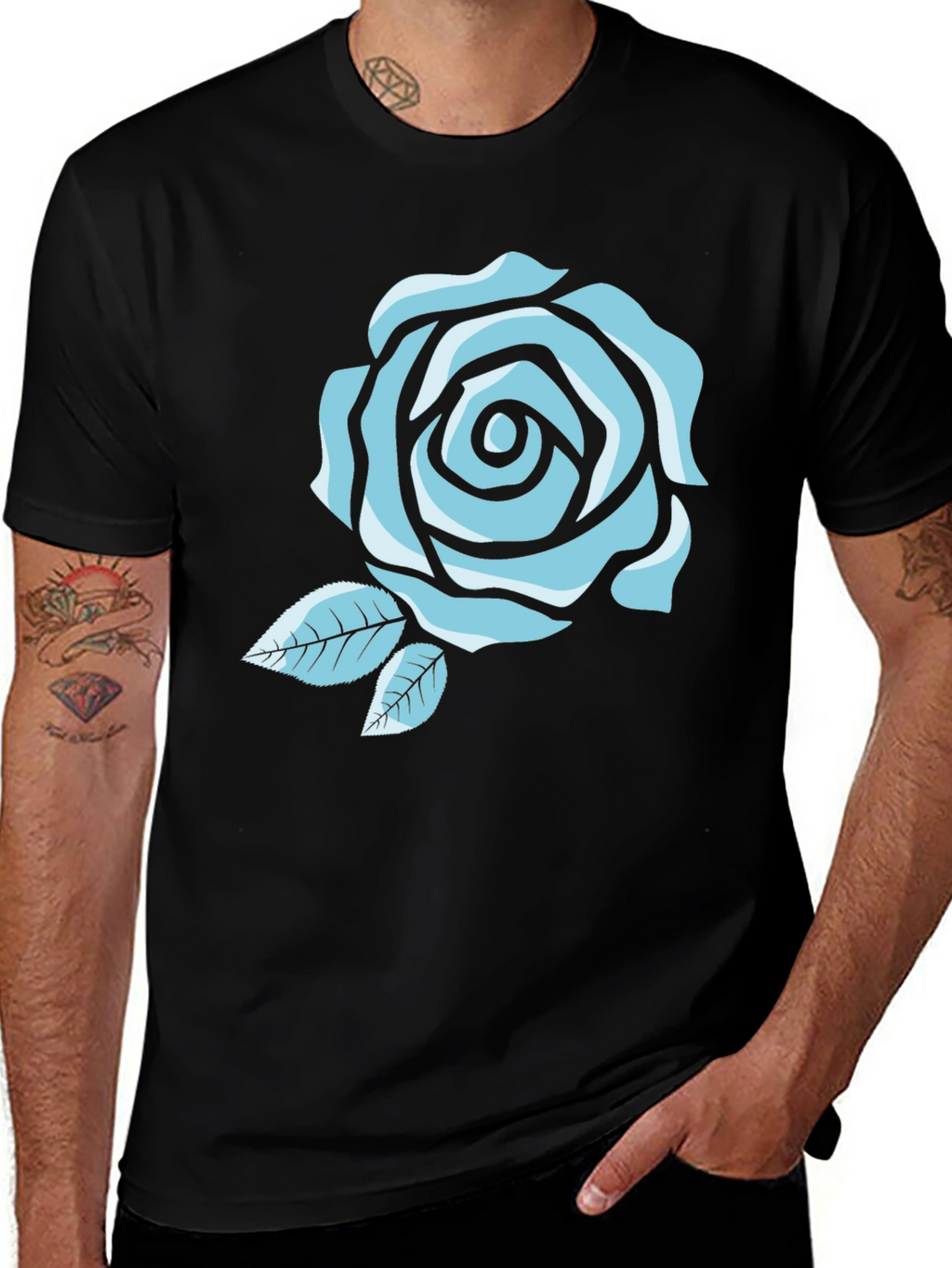 Black T-Shirt with Blue Rose Graphic