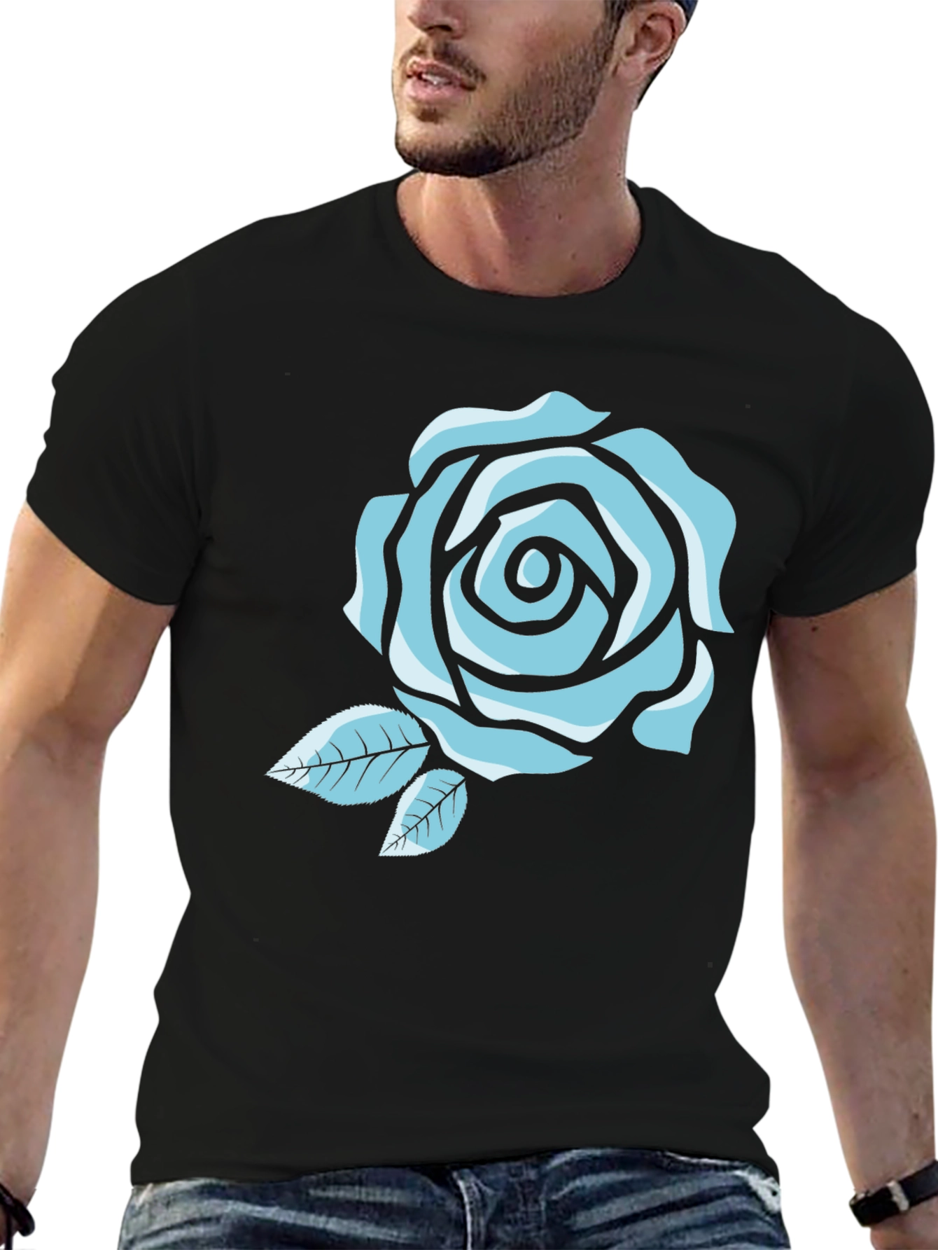 Black T-Shirt with Blue Rose Graphic
