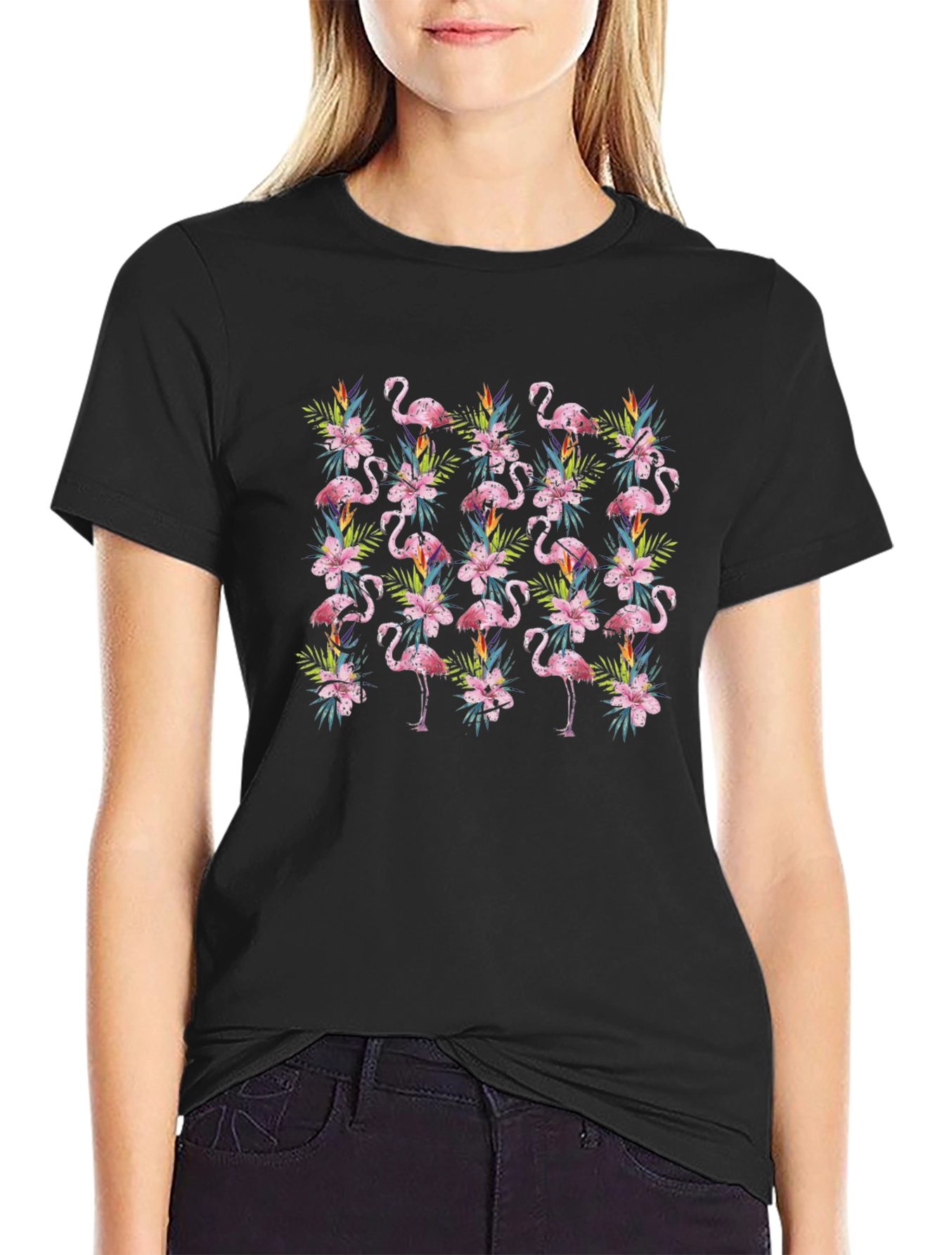 Tropical Flamingo Floral Pattern Mens Black T-Shirt