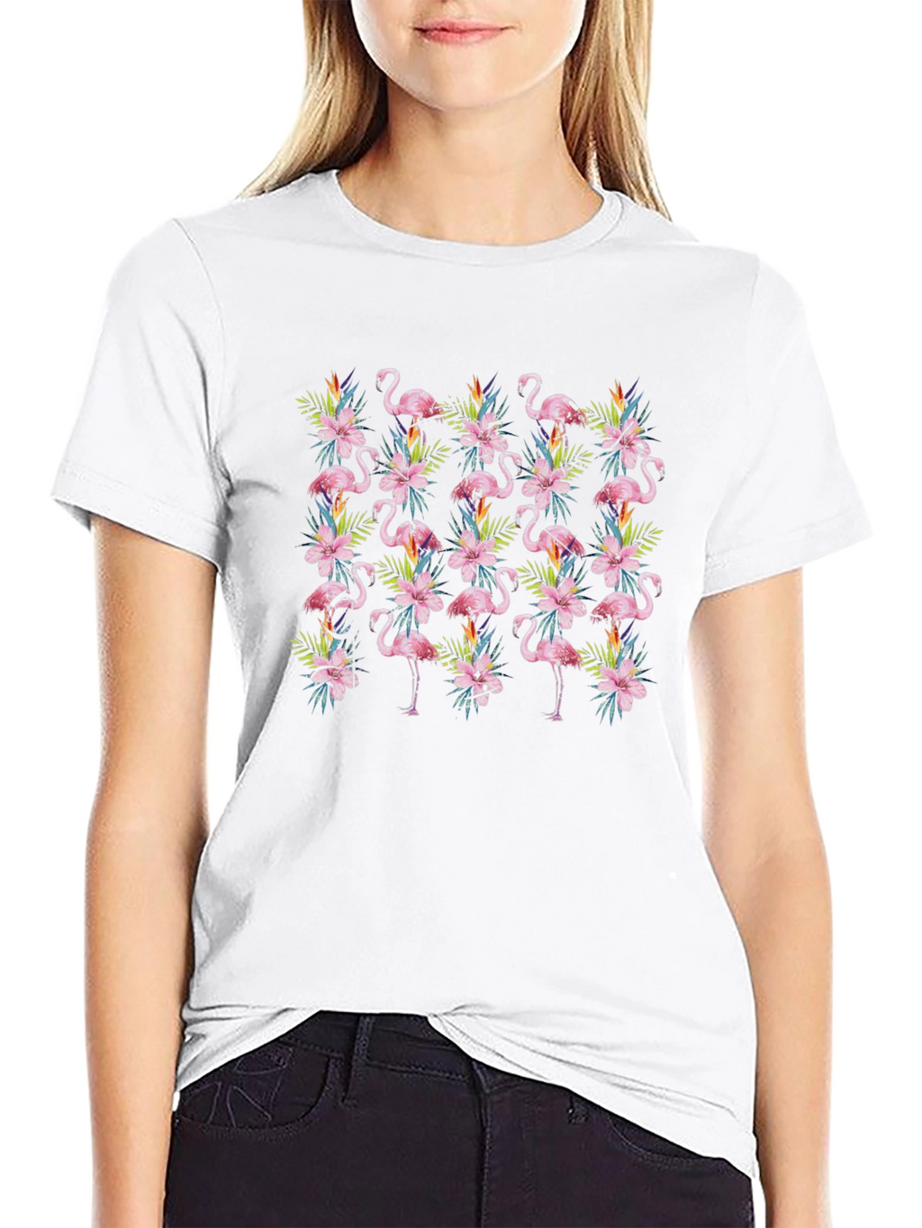 Tropical Flamingo Floral Pattern Mens Black T-Shirt