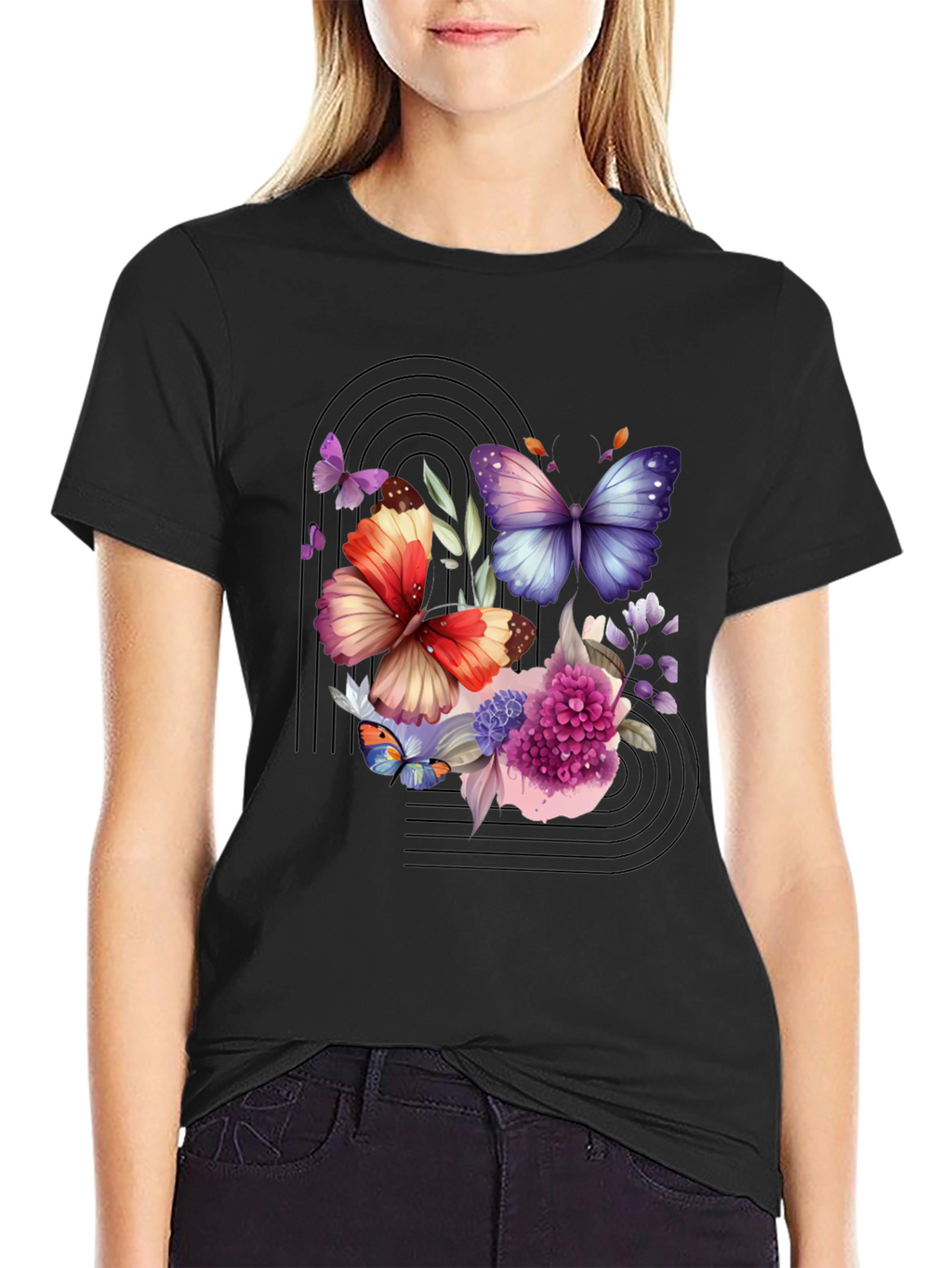 Butterfly Floral Graphic Black T-Shirt
