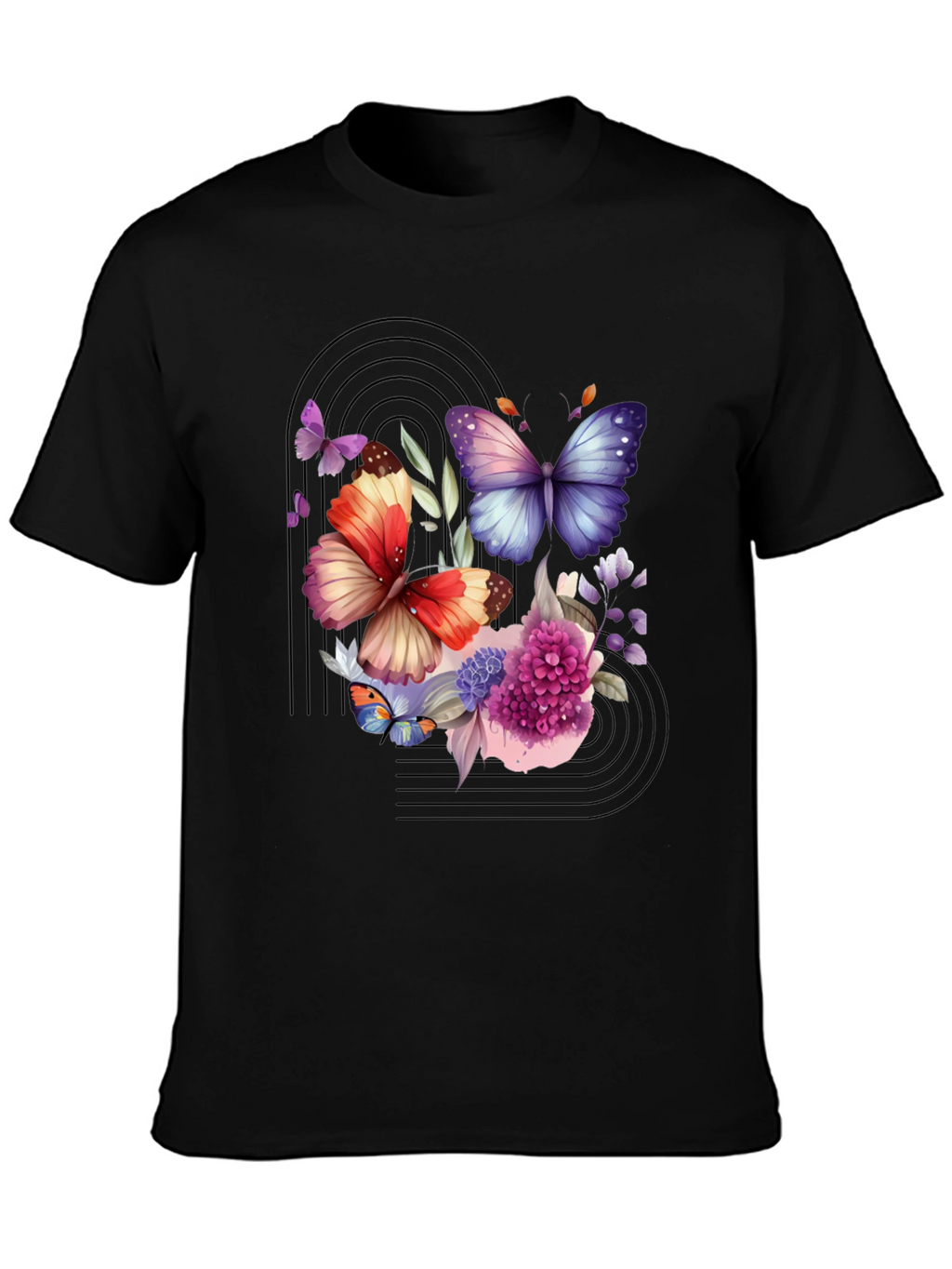 Butterfly Floral Graphic Black T-Shirt