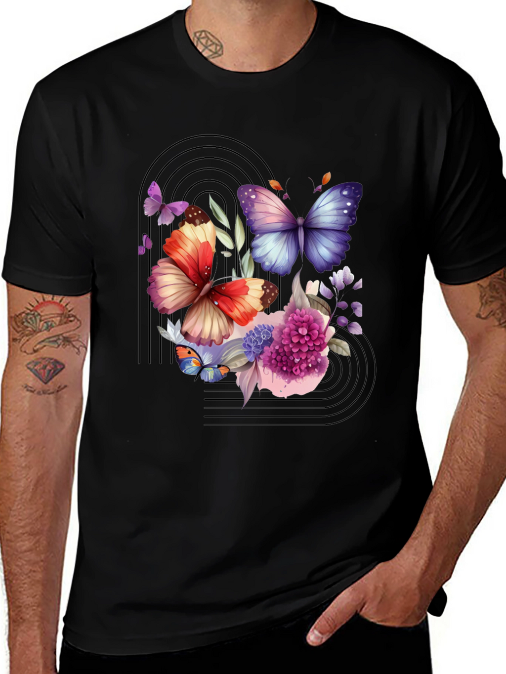 Butterfly Floral Graphic Black T-Shirt