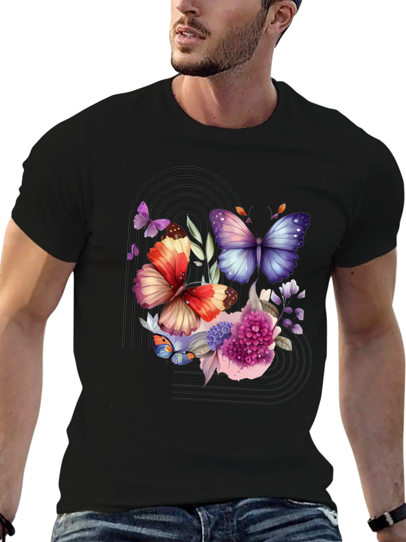 Butterfly Floral Graphic Black T-Shirt