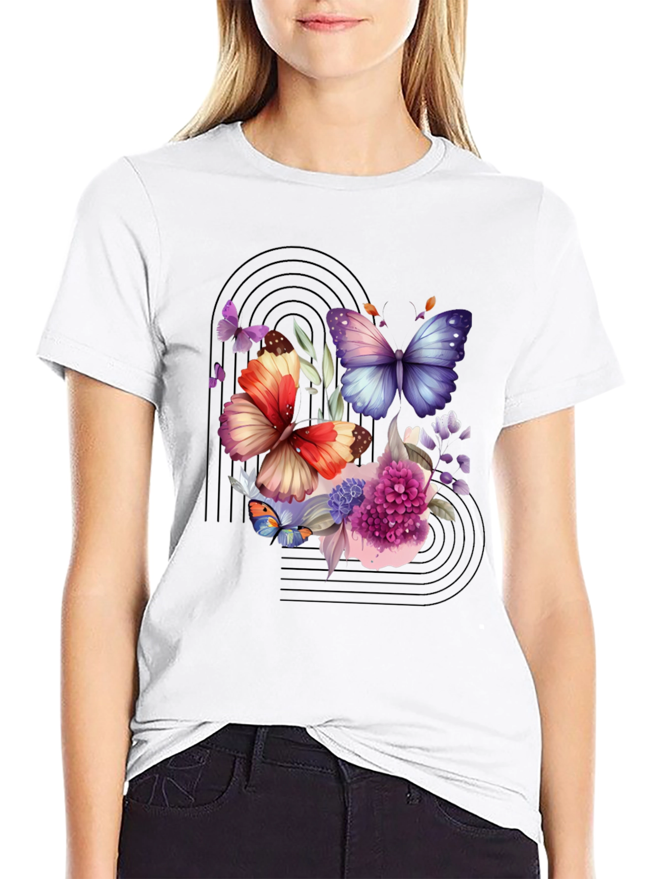 Butterfly Floral Graphic Black T-Shirt
