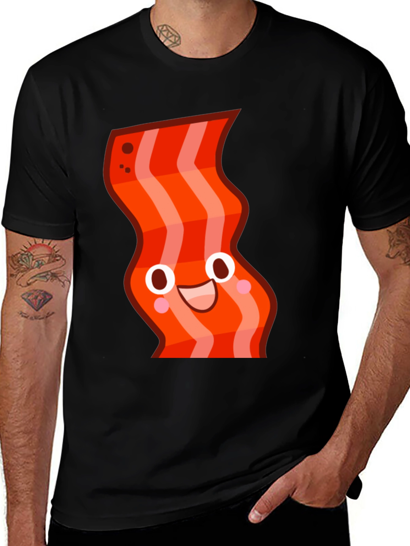 Funny Bacon Cartoon Graphic Black T-Shirt