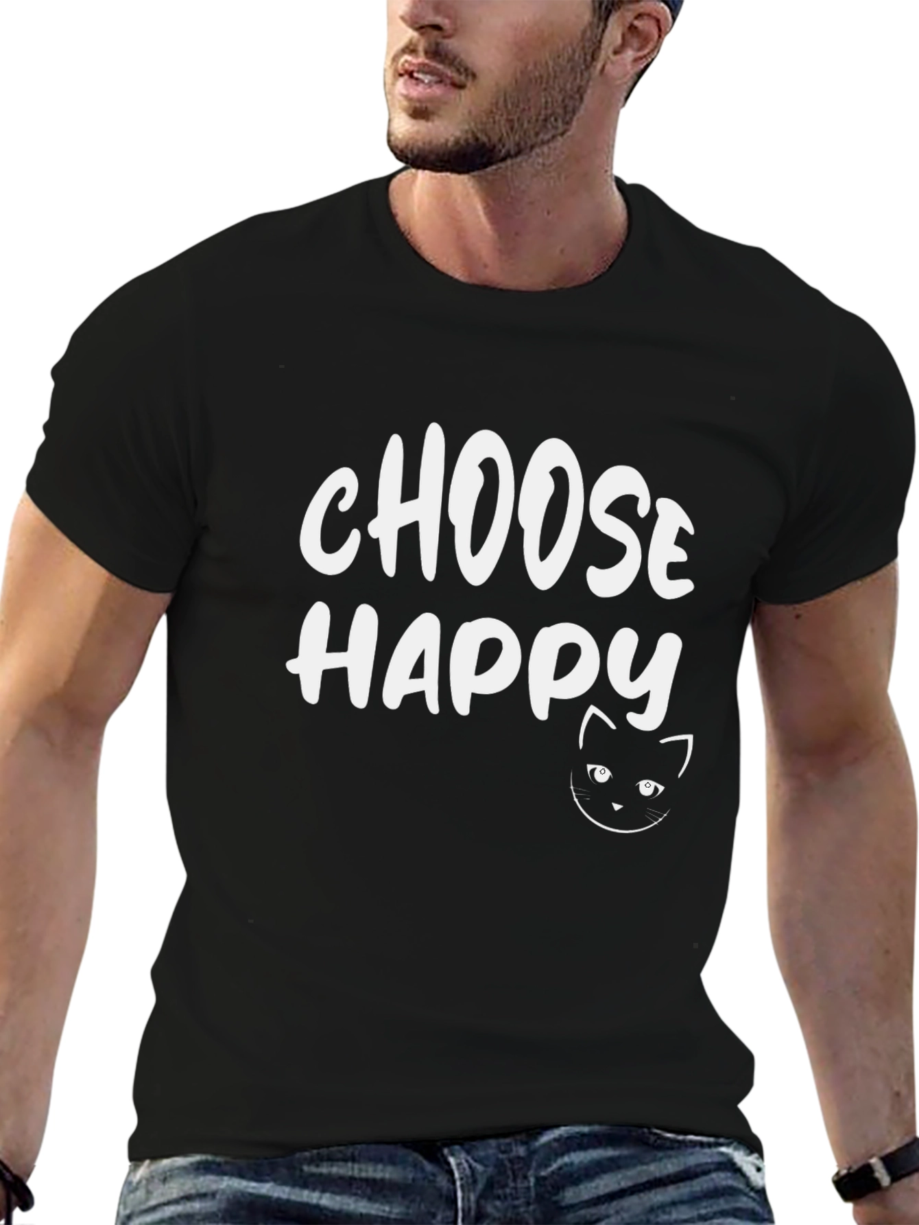 Choose Happy Cat Graphic Tee - Stylish Cotton T-Shirt