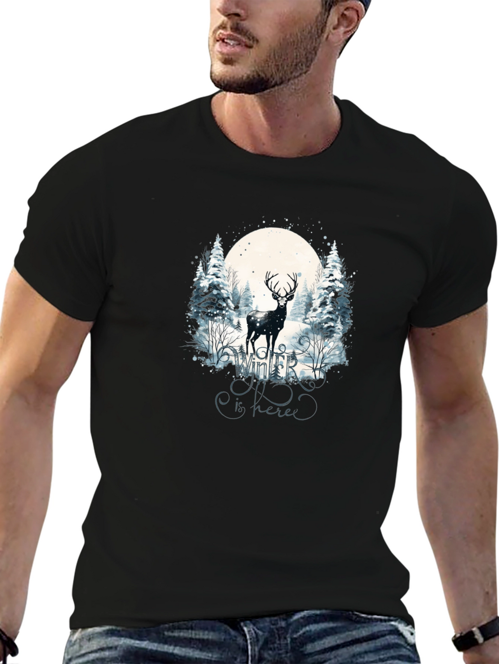 Winter Deer Graphic Tee - Black