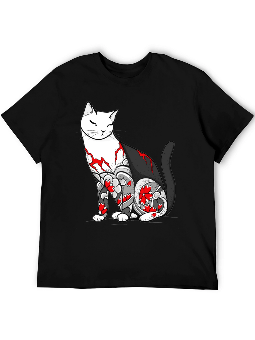Cat Tattoo Print Black T-Shirt