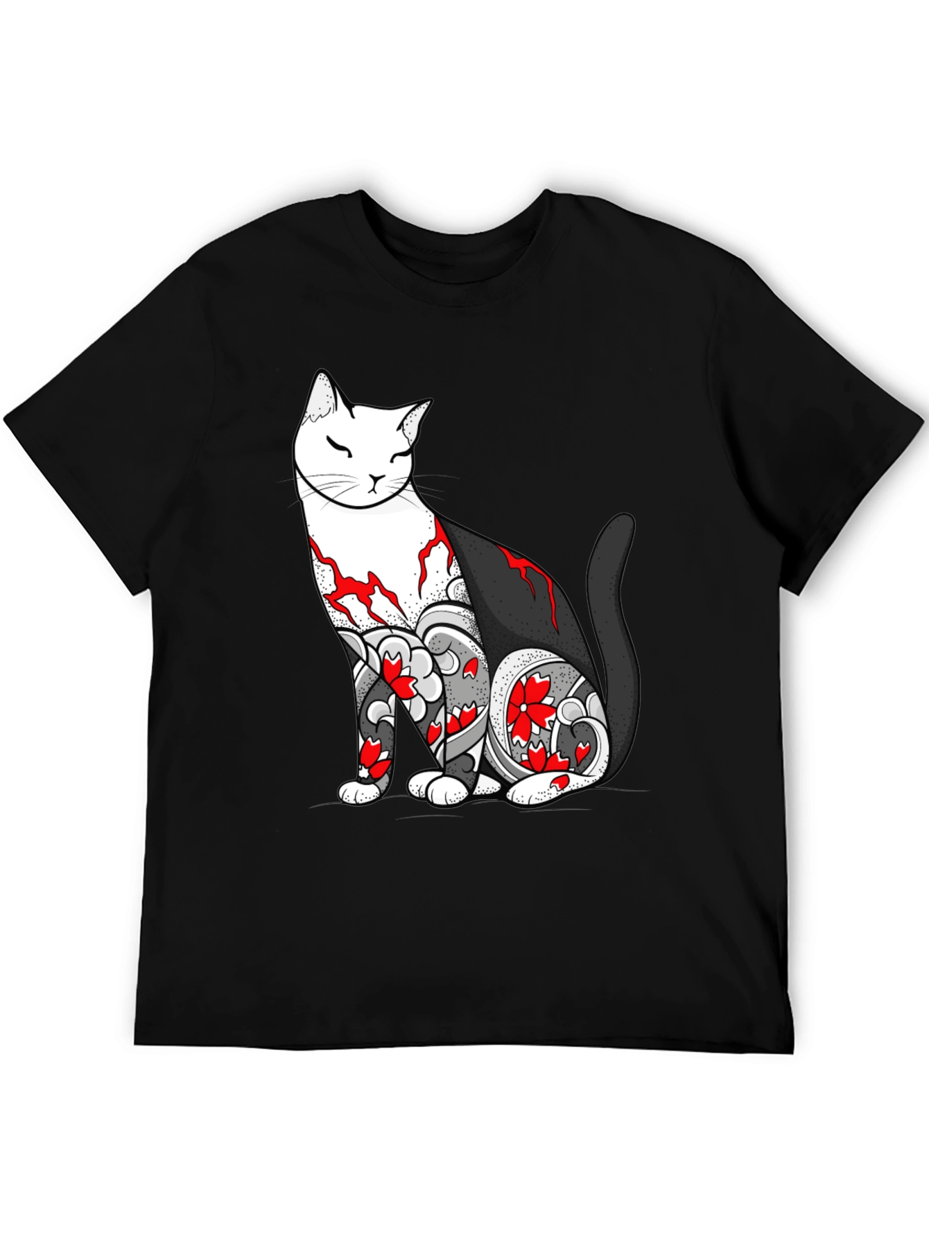 Cat Tattoo Print Black T-Shirt