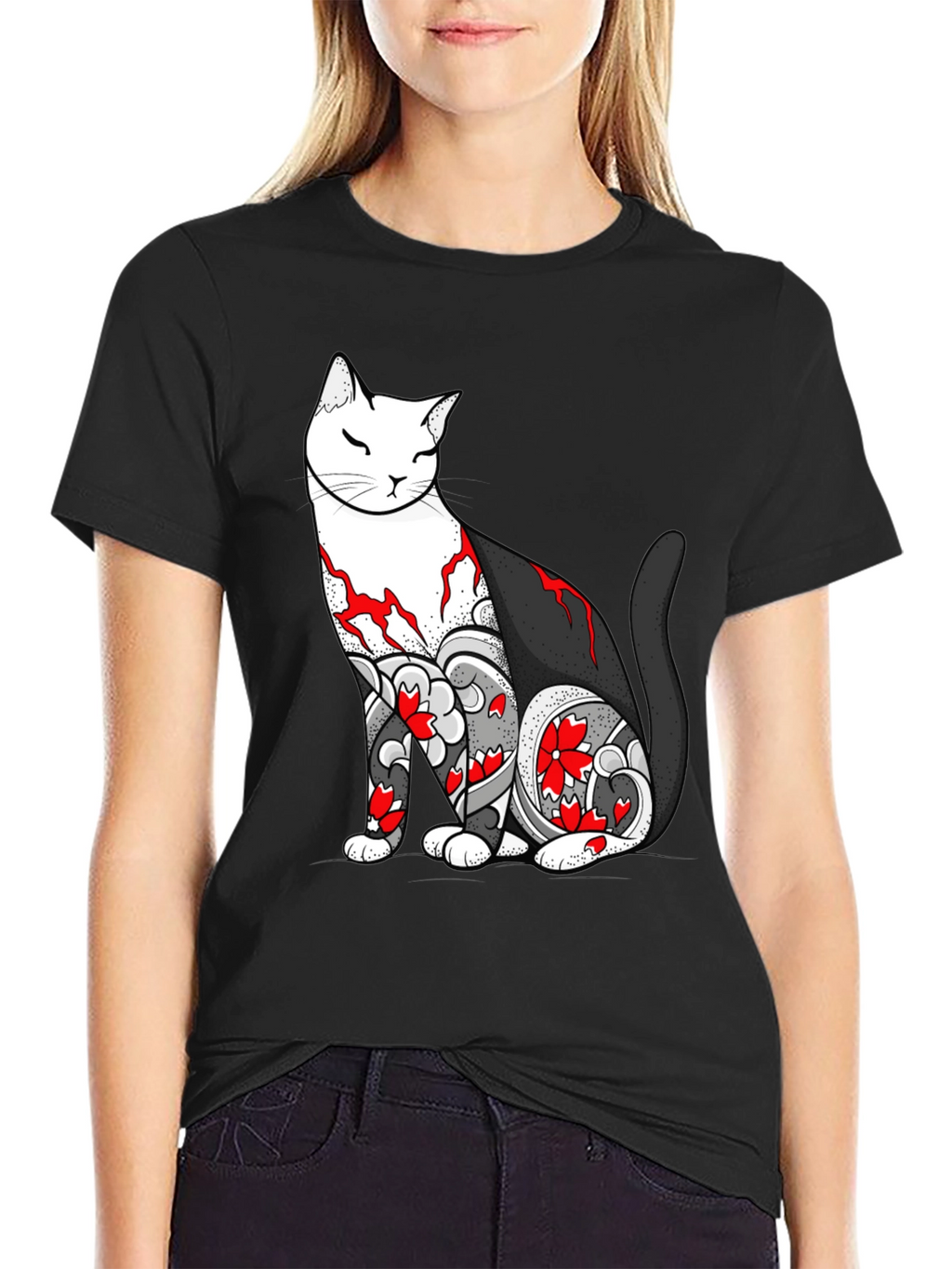 Cat Tattoo Print Black T-Shirt