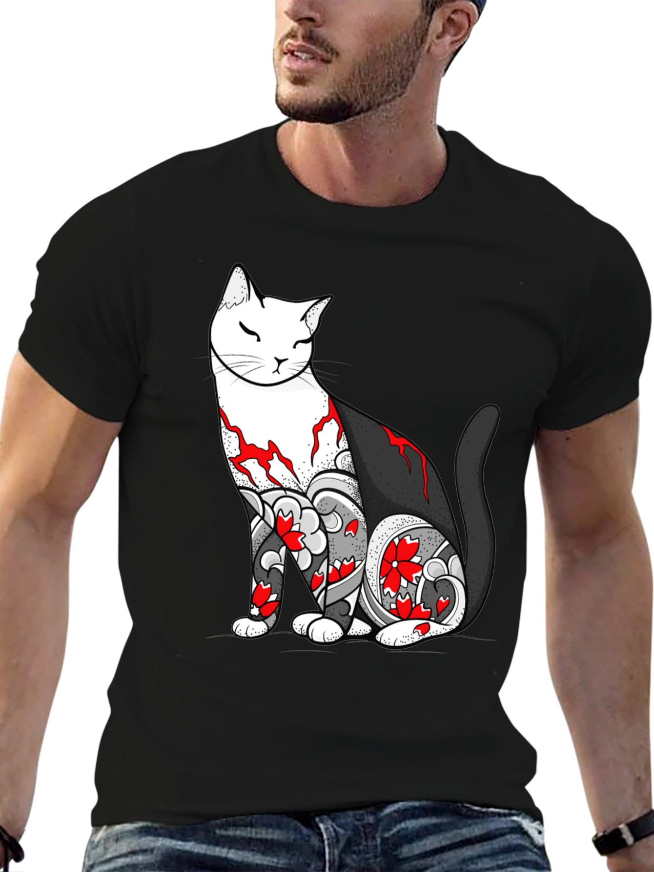 Cat Tattoo Print Black T-Shirt