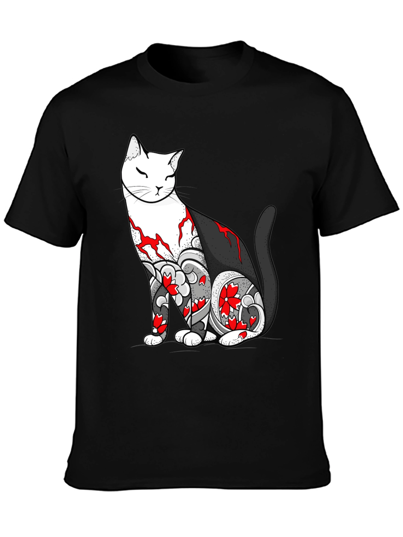 Cat Tattoo Print Black T-Shirt