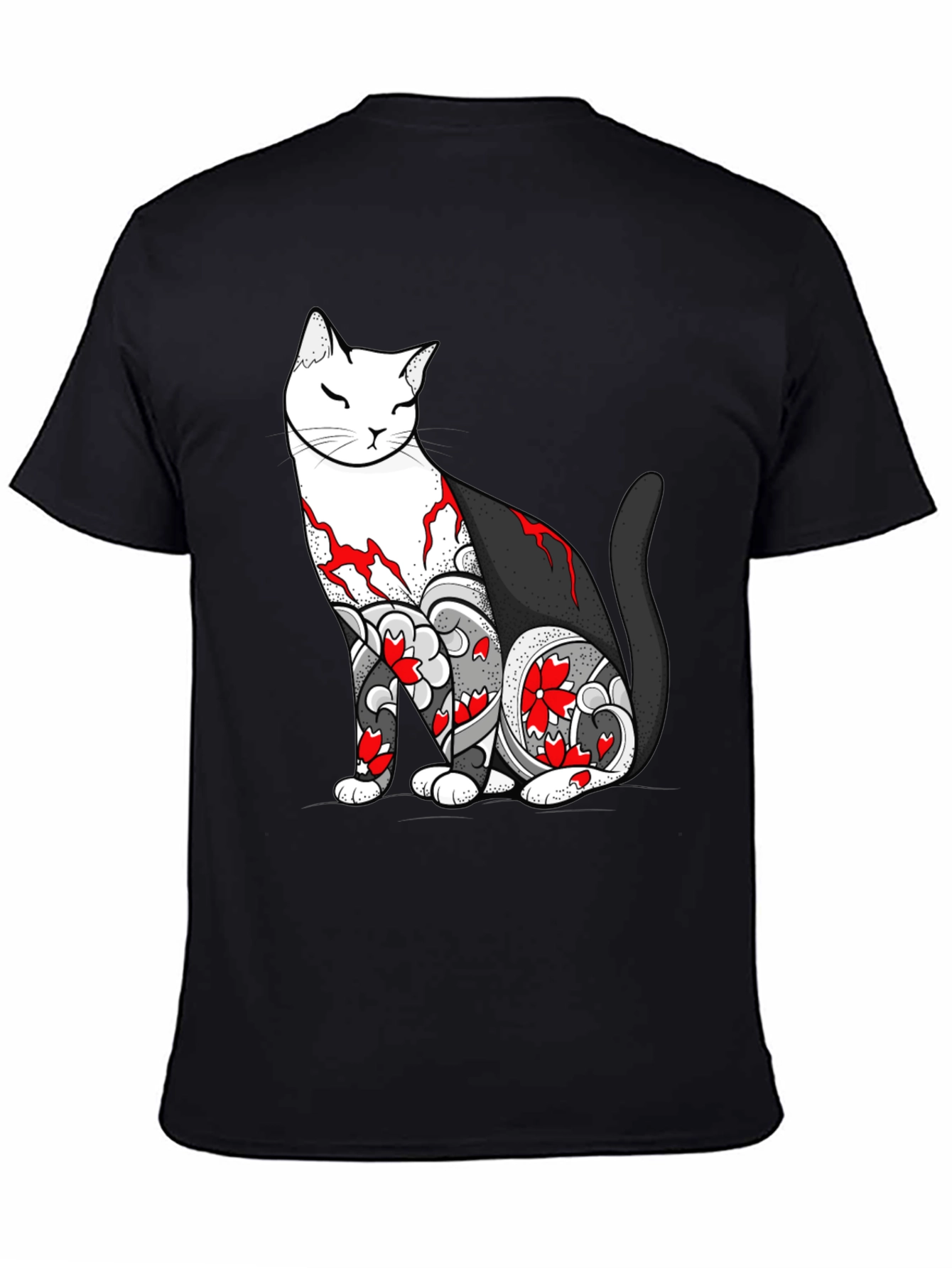 Cat Tattoo Print Black T-Shirt