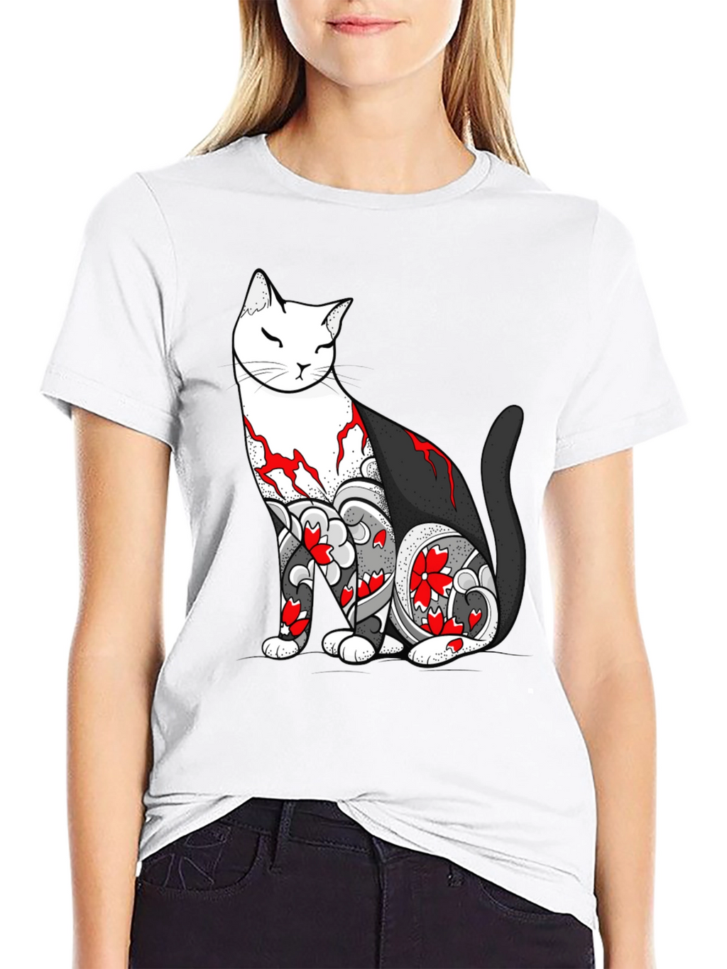 Cat Tattoo Print Black T-Shirt