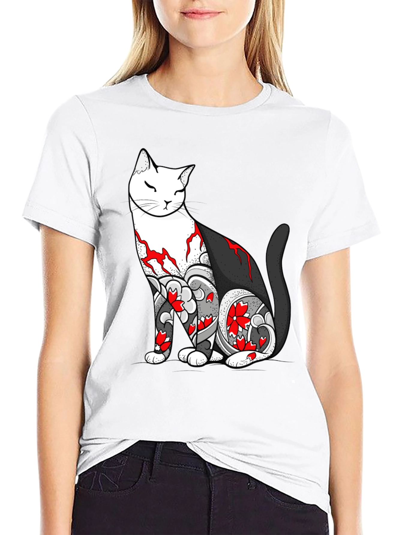 Cat Tattoo Print Black T-Shirt