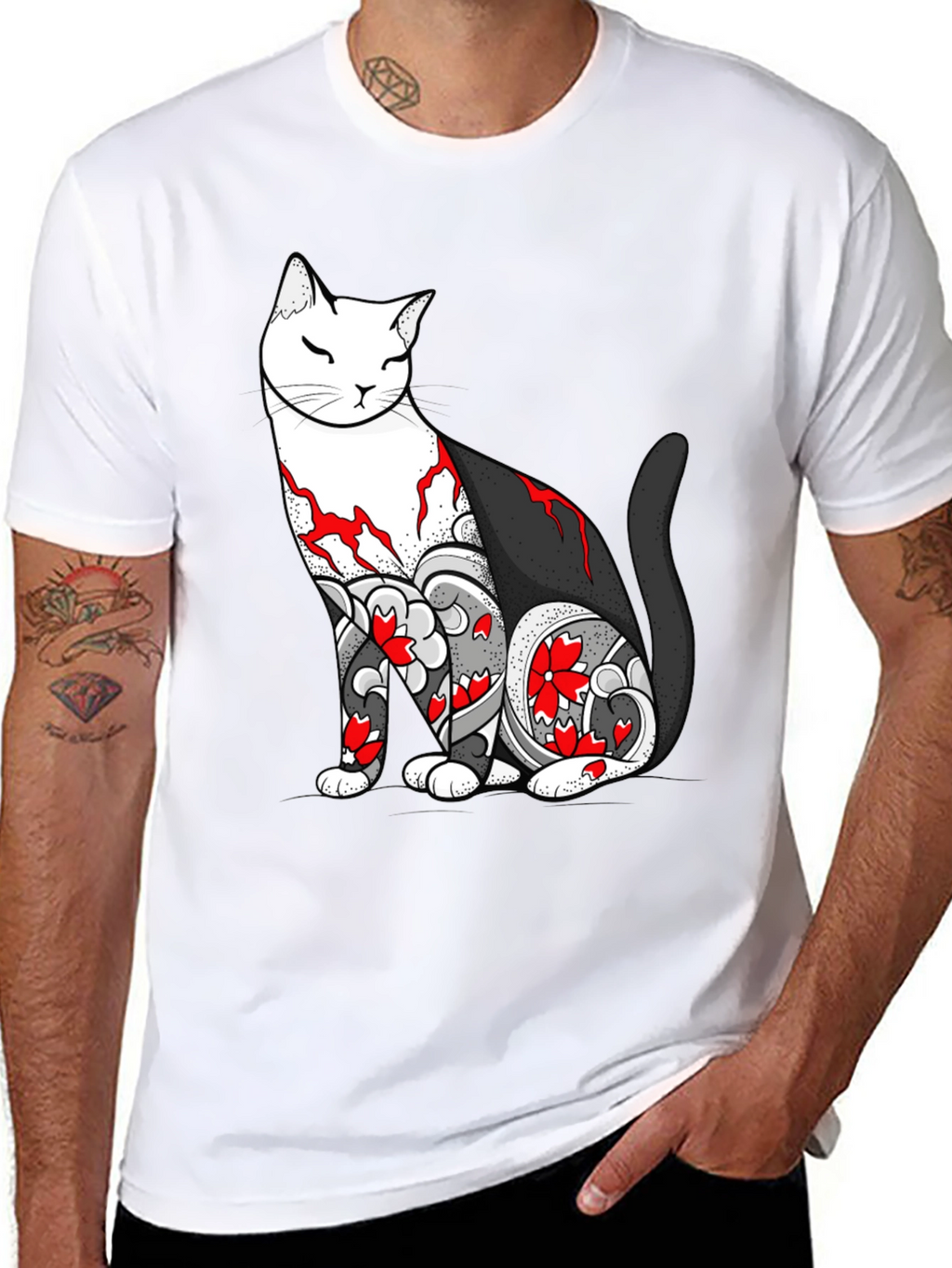 Cat Tattoo Print Black T-Shirt