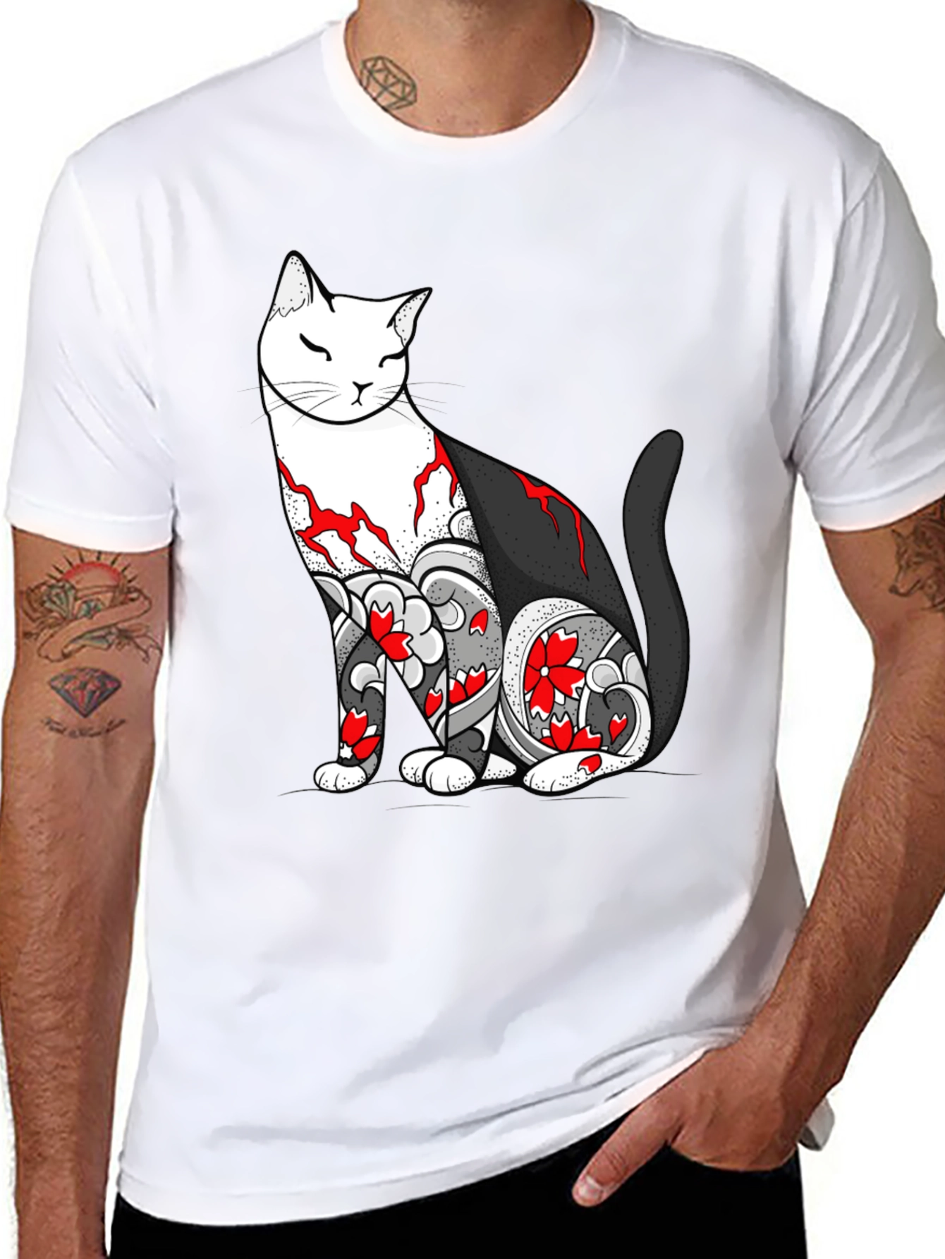 Cat Tattoo Print Black T-Shirt