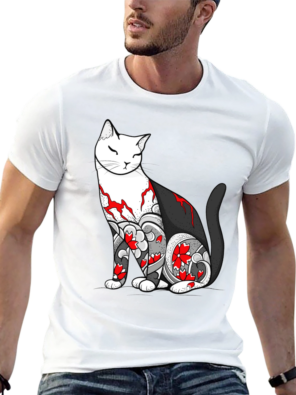 Cat Tattoo Print Black T-Shirt