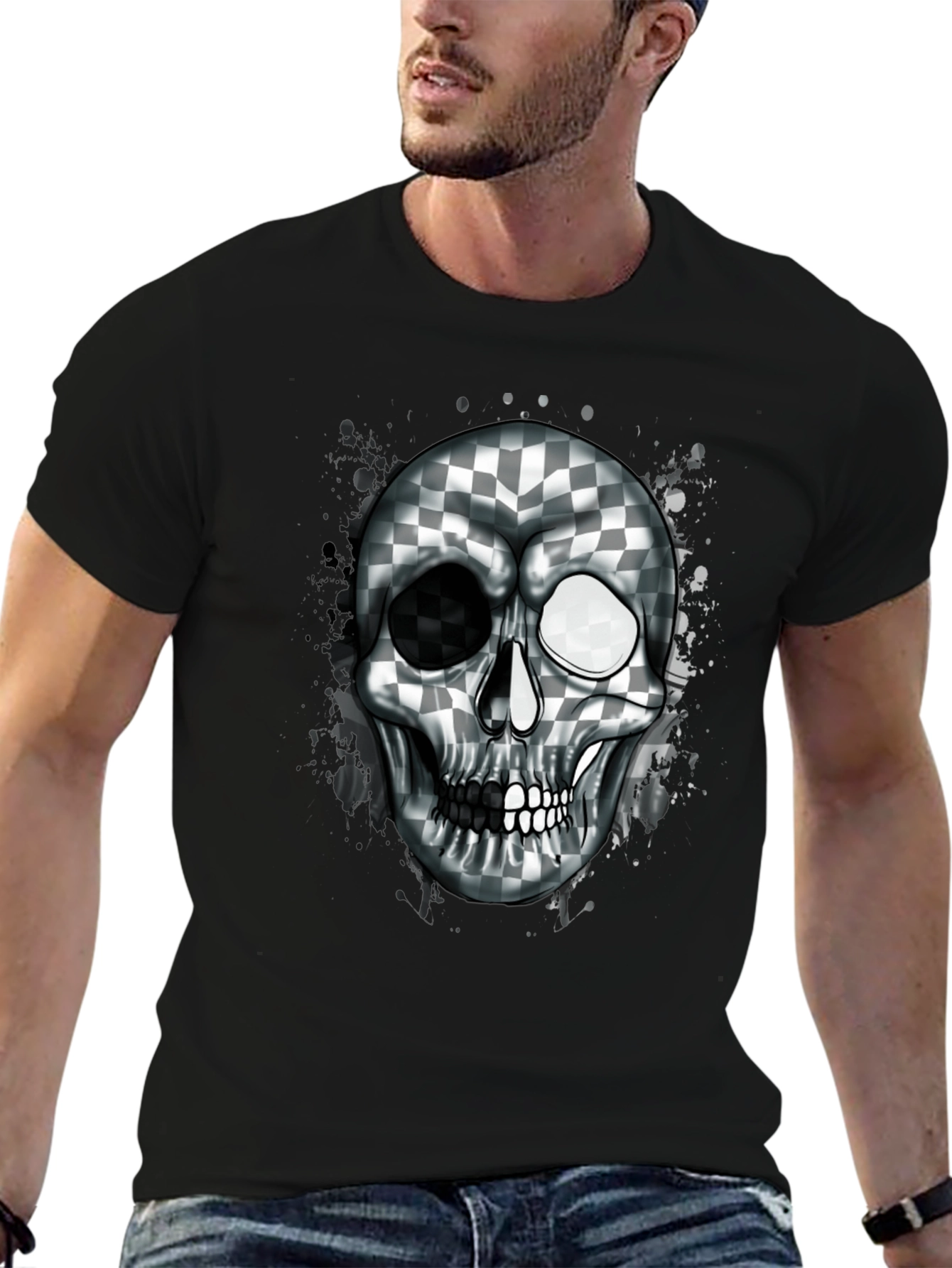 Checkered Skull Graphic Tee - Black