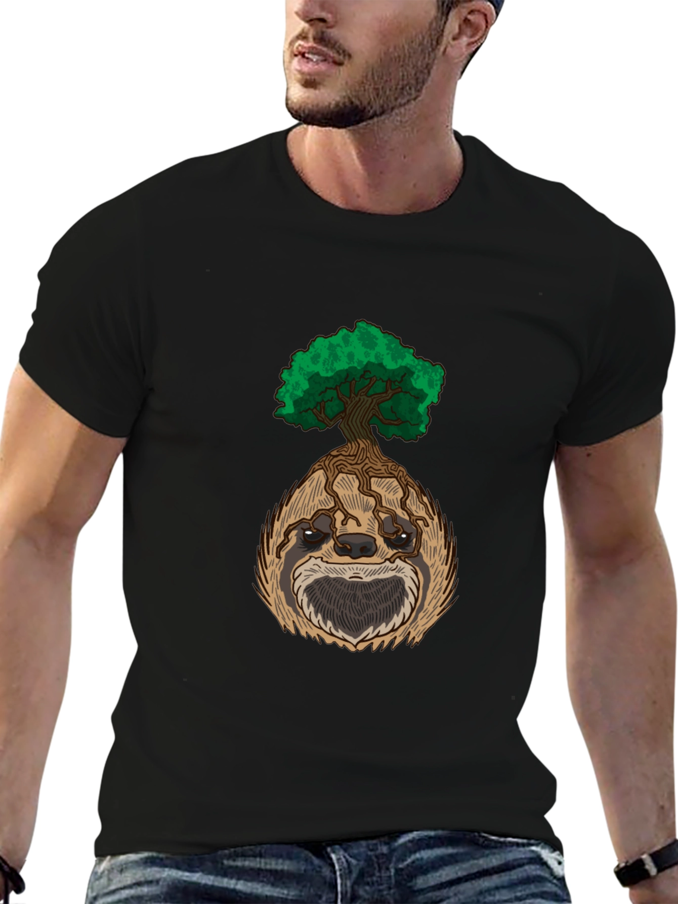 Sloth Tree Graphic Tee - Relaxed Fit Black T-Shirt