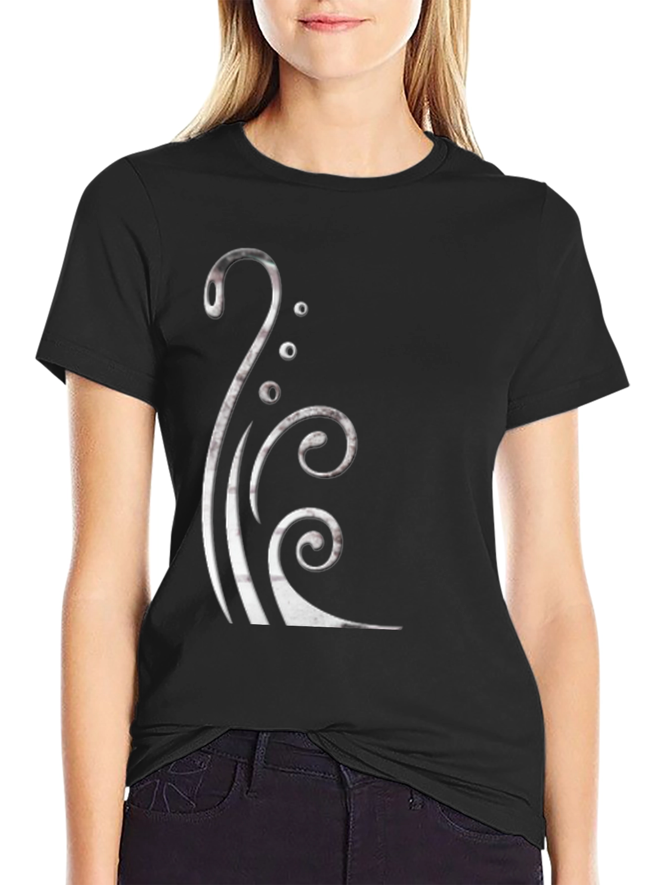 Black Graphic Tee with Silver Swirl Design