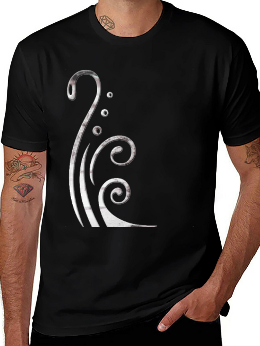 Black Graphic Tee with Silver Swirl Design