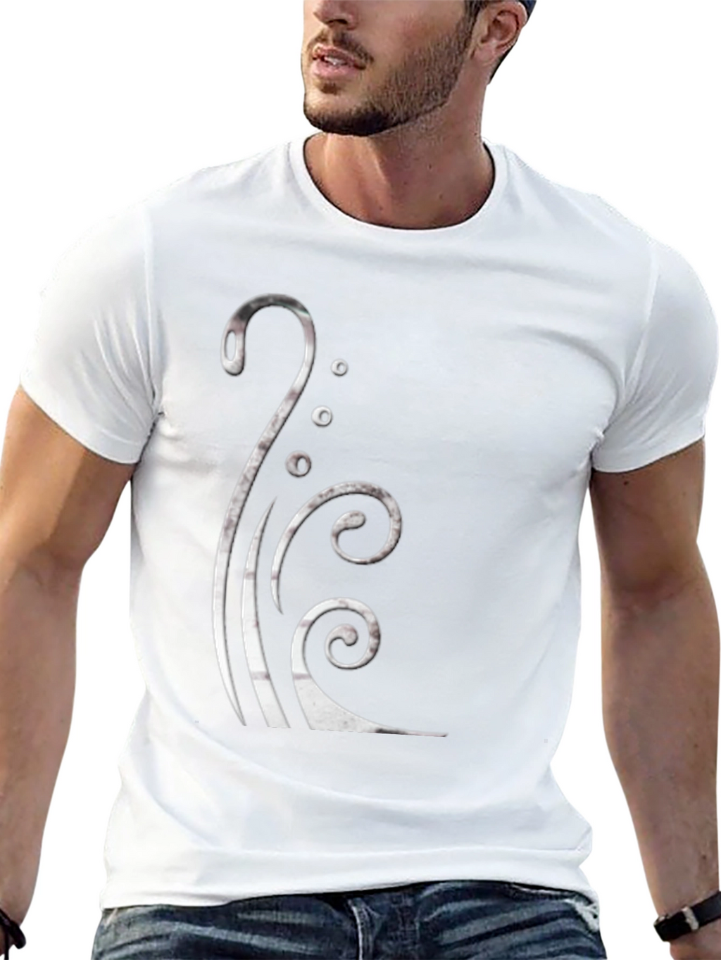 Black Graphic Tee with Silver Swirl Design