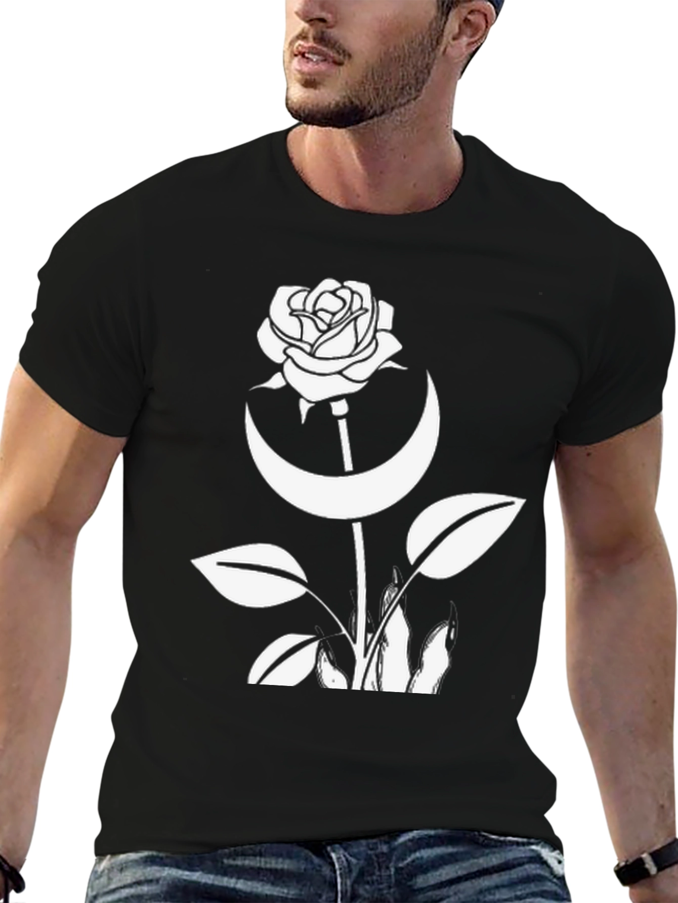 Rose & Crescent Moon Graphic Black T-Shirt