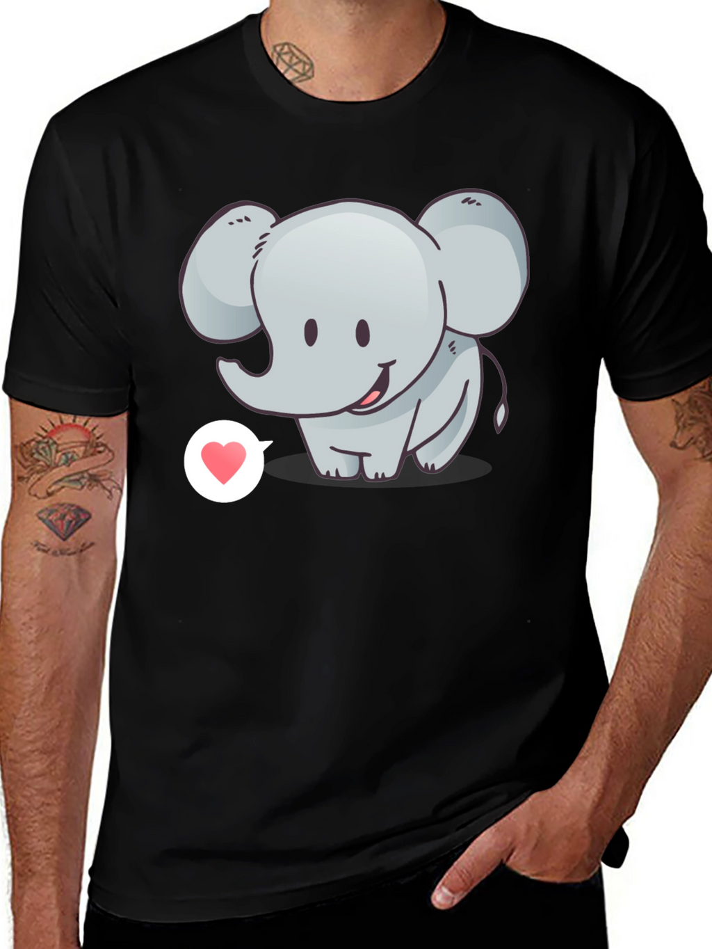 Cute Elephant with Heart T-Shirt - Black