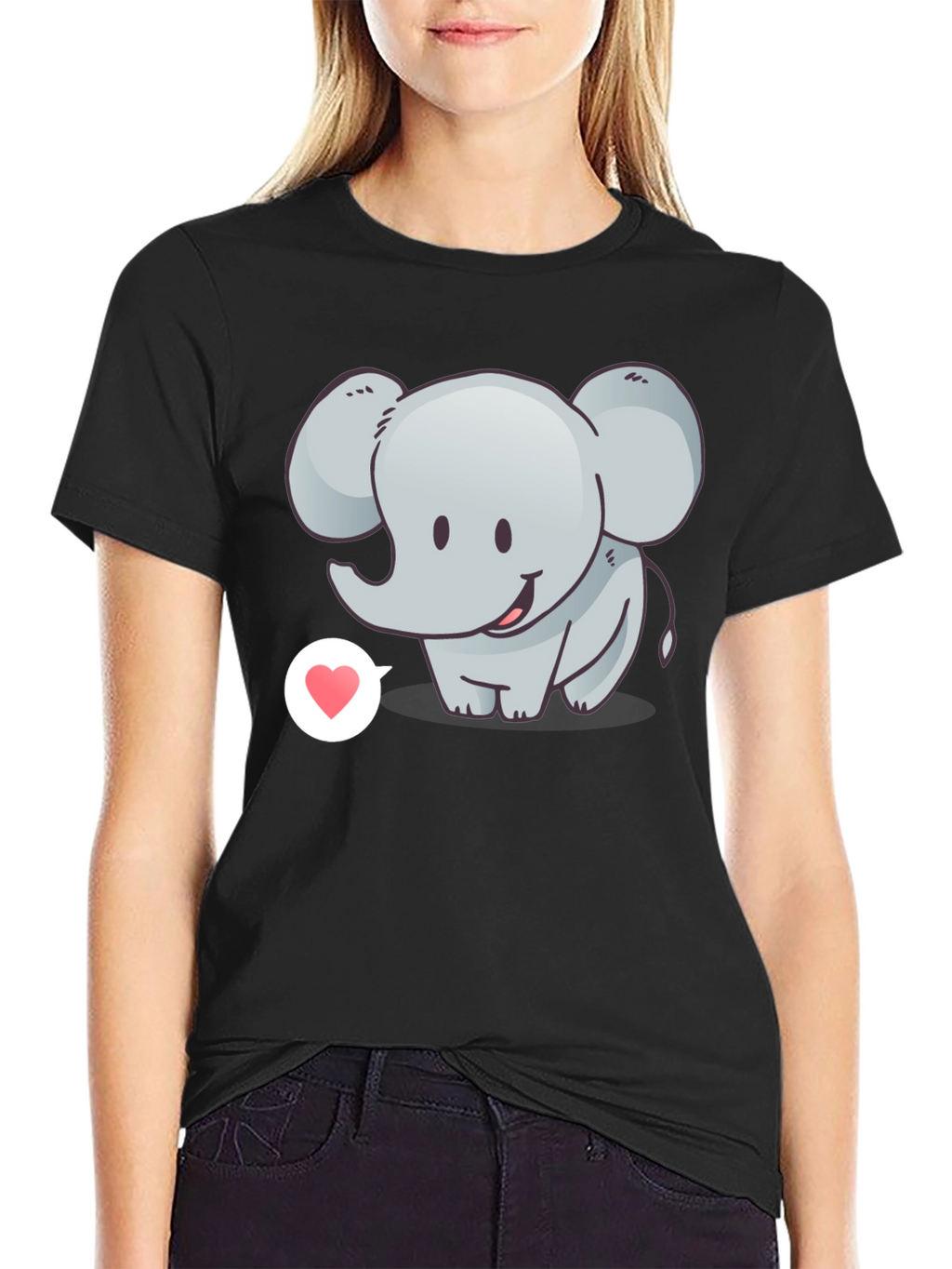 Cute Elephant with Heart T-Shirt - Black