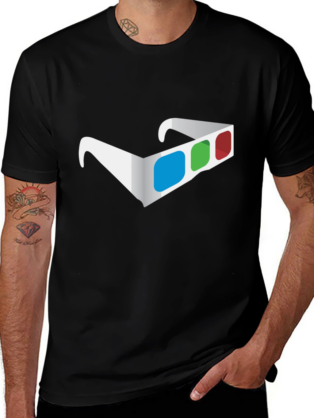 3D Glasses Graphic Tee - Stylish Mens Black T-Shirt