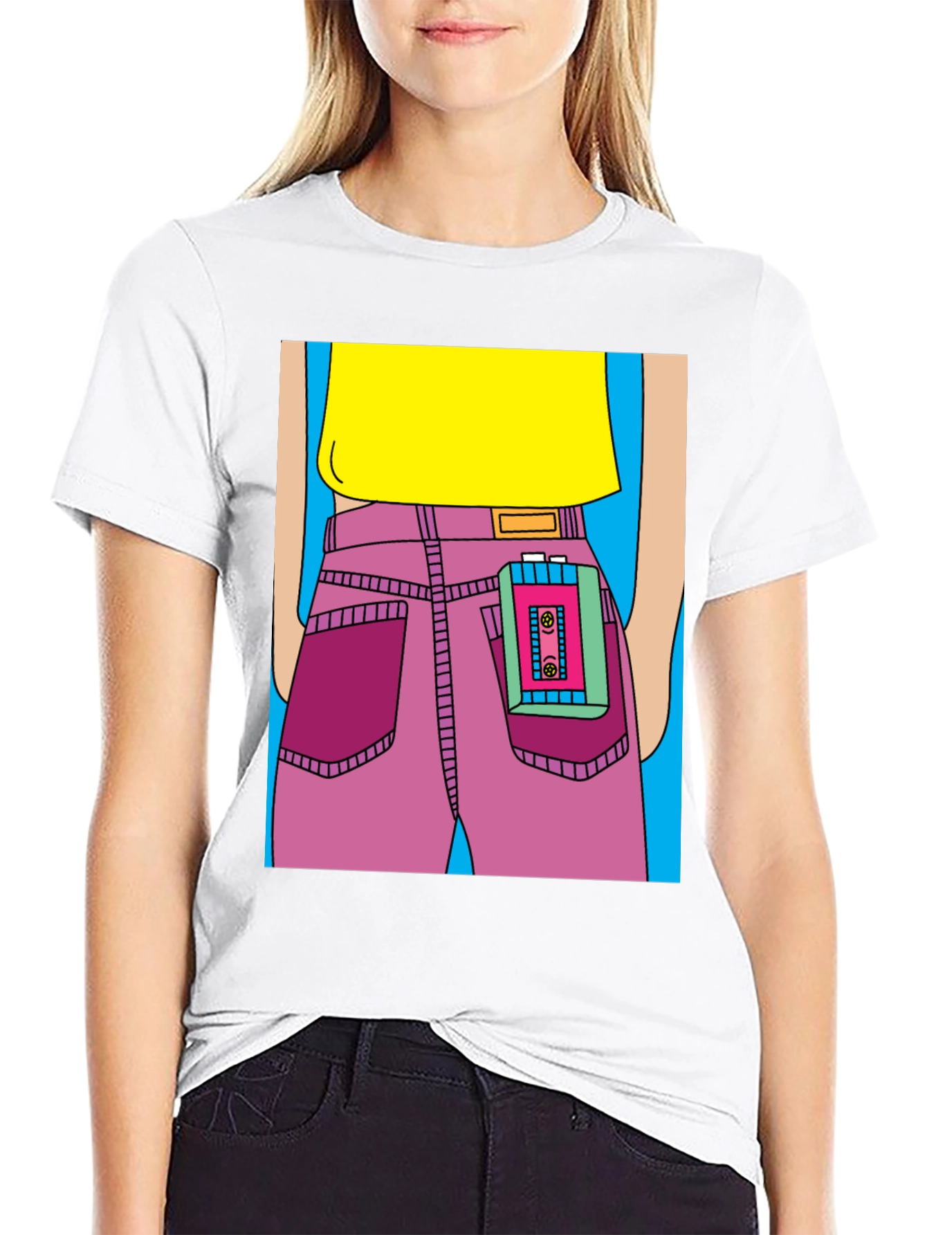 Retro Cartoon T-Shirt: Cassette Player in Pocket
