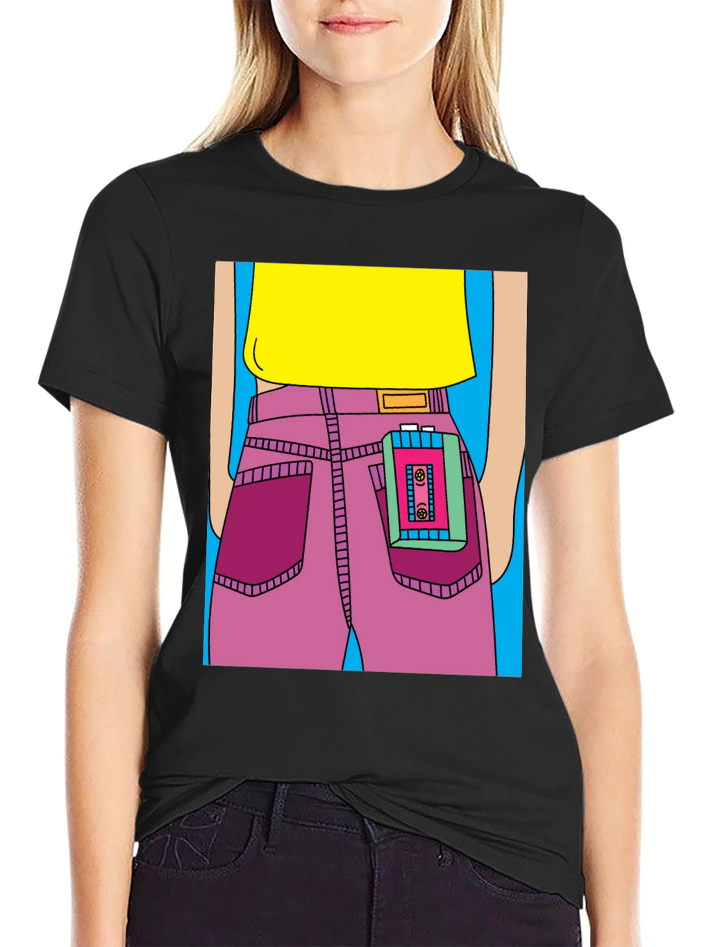 Retro Cartoon T-Shirt: Cassette Player in Pocket