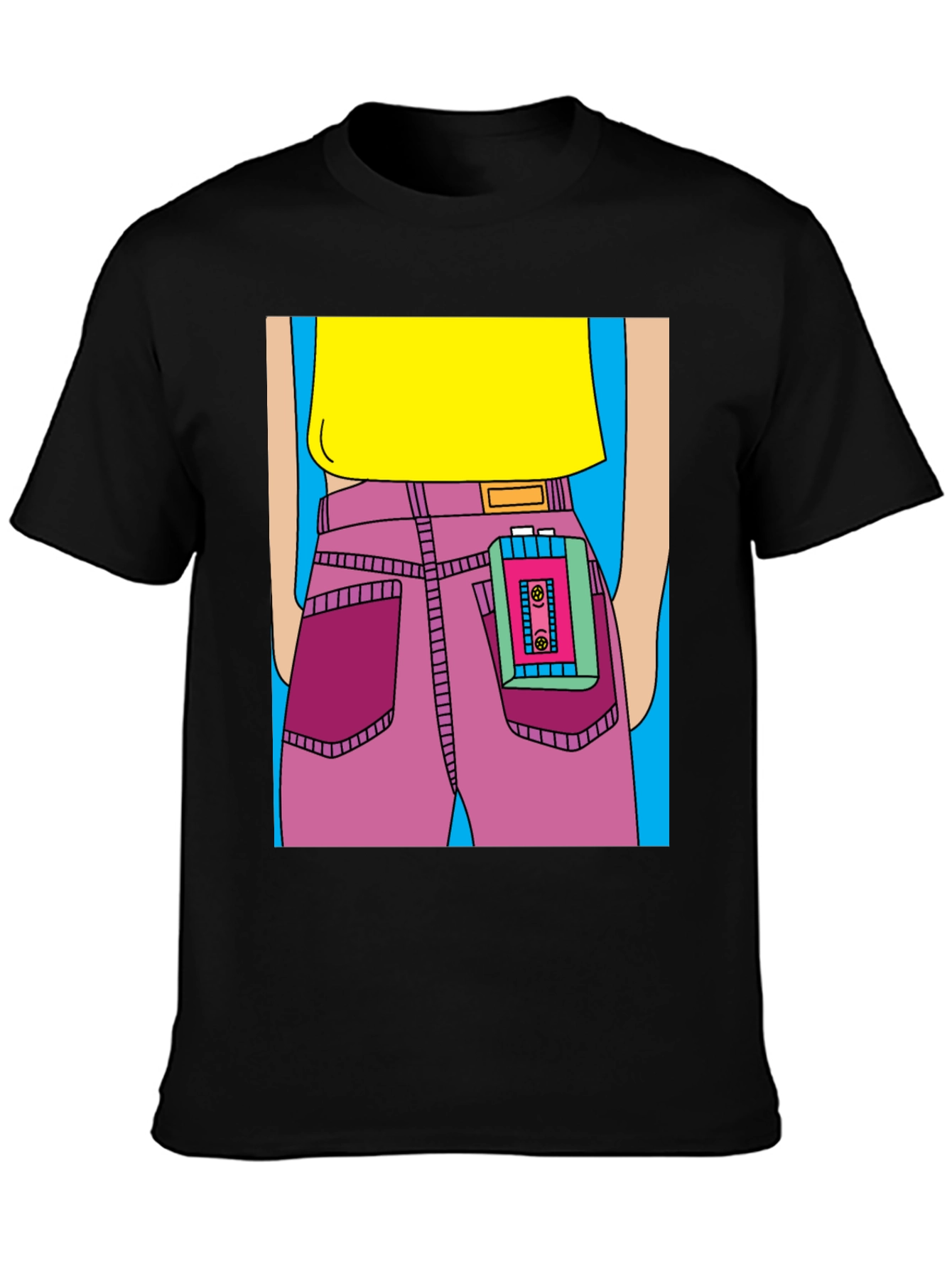 Retro Cartoon T-Shirt: Cassette Player in Pocket
