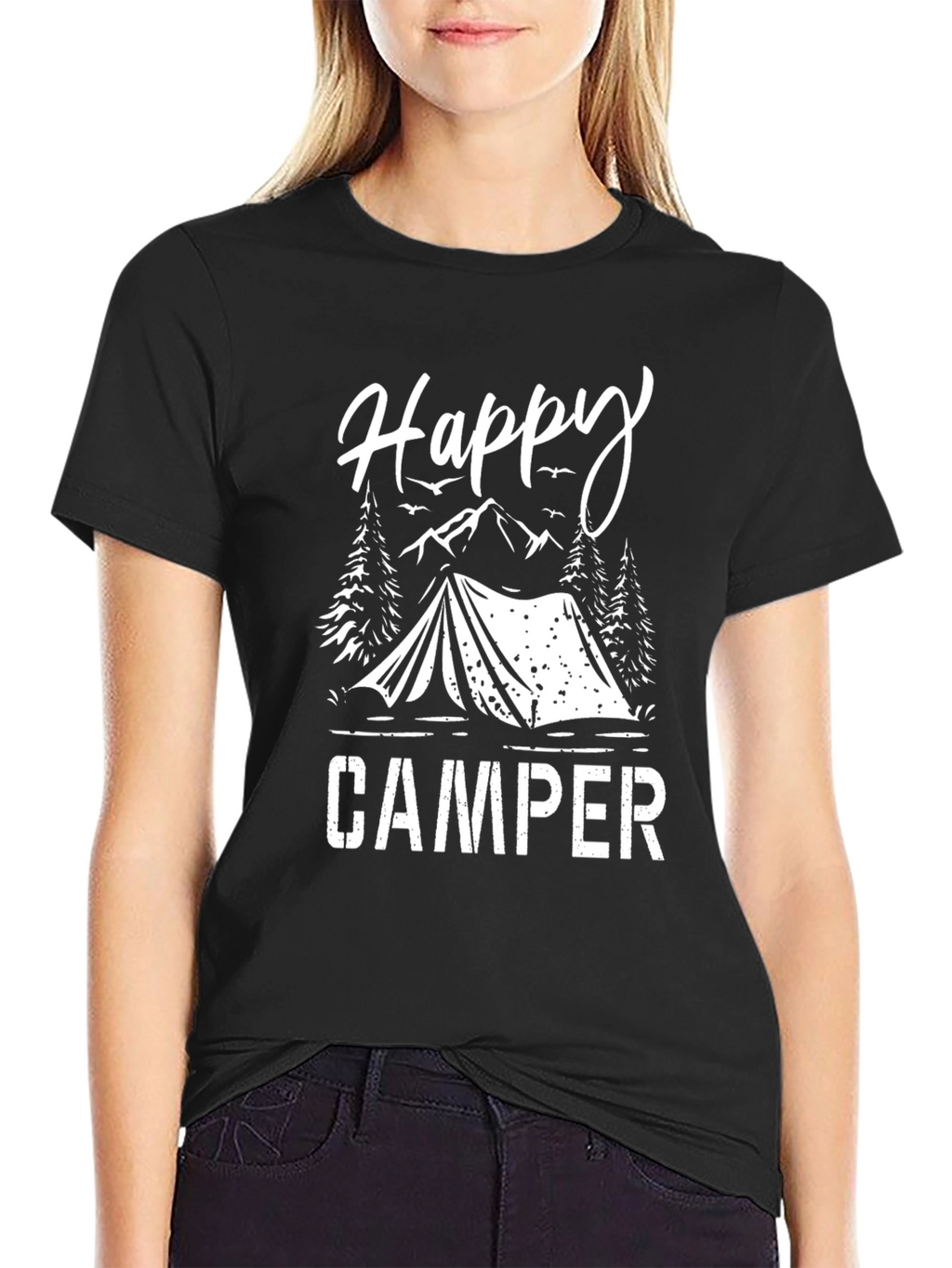 Happy Camper Graphic Tee - Black Cotton Camping Shirt